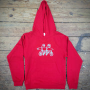 Red youth hoodie with sloths on a tandem on the front.