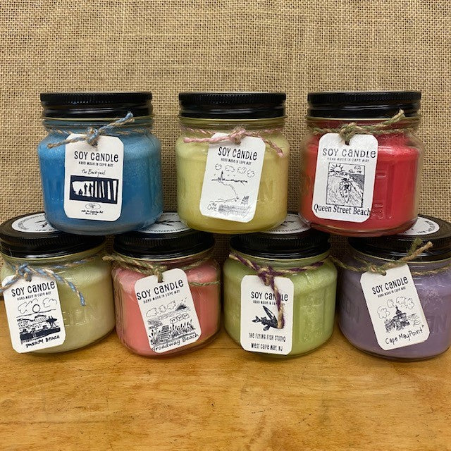 An assortment of multi-colored soy candles.