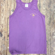 A purple tank-top with the 'Flying Fish Studio' design on the left chest in orange ink.