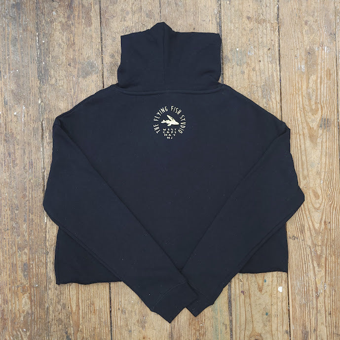 Solid Black, cropped hoodie featuring the 'Flying Fish' logo on the back neck in cream ink.