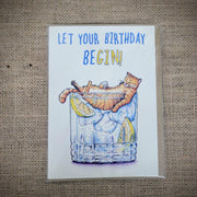 Personal  notecard with a 'Let Your Birthday BeGIN' cat design on the front.