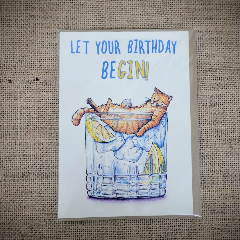 Personal  notecard with a 'Let Your Birthday BeGIN' cat design on the front.