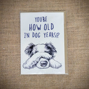 Personal notecard with a 'You're HOW OLD in Dog Years!?' design on the front of it.