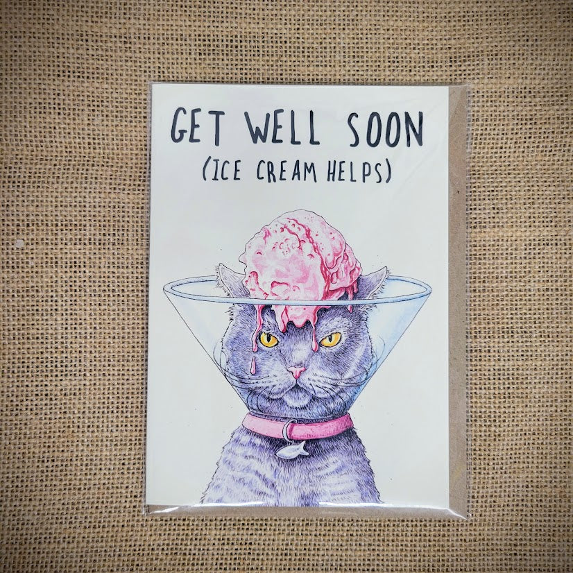 Personal notecard with a 'Get Well Soon' cat design on the front.