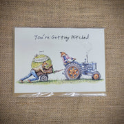 Personal notecard with a 'You're Getting Hitched!' tractor design on the front.