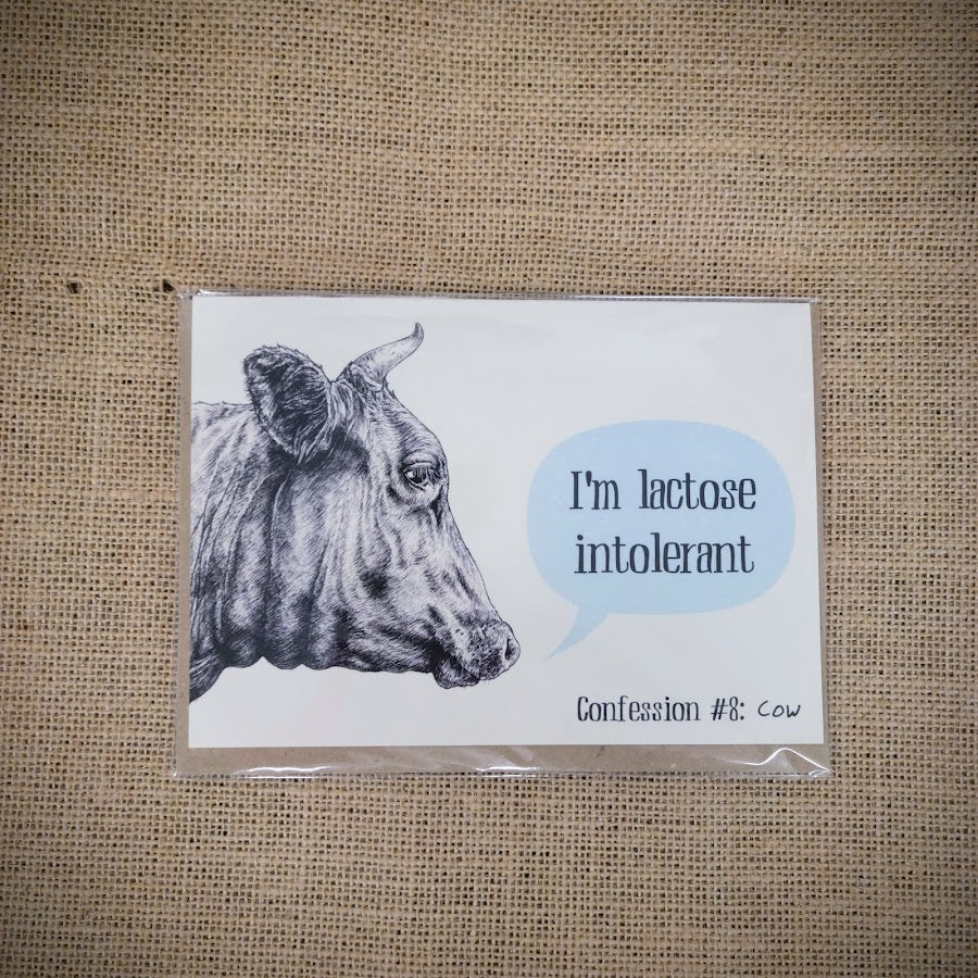 Personal notecard with a 'I'm Lactose Intolerant' cow design on the front.