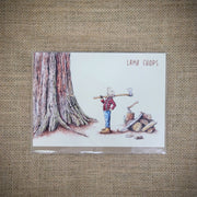 Personal notecard with a 'Lamb Chops' lamb-lumberjack design on the front.