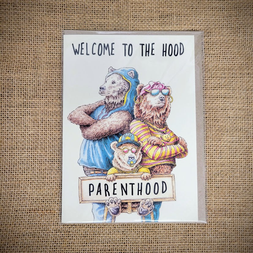 Personal notecard with a 'Welcome to the Parent-Hood' design on the front of it.
