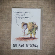 Personal notecard with a 'The Plot Thickens!' Mole-detective design on the front.