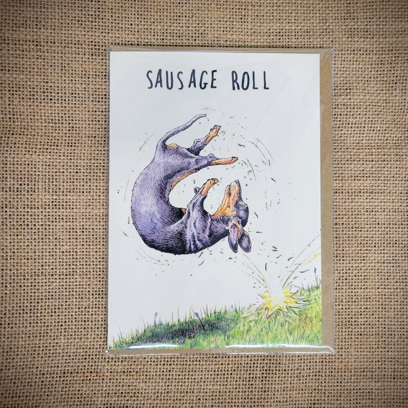 Personal notecard with a 'Sausage Roll' dog design on the front.