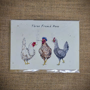 Personal notecard with a 'Three French Hens' design on the front.
