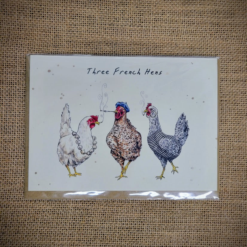 Personal notecard with a 'Three French Hens' design on the front.