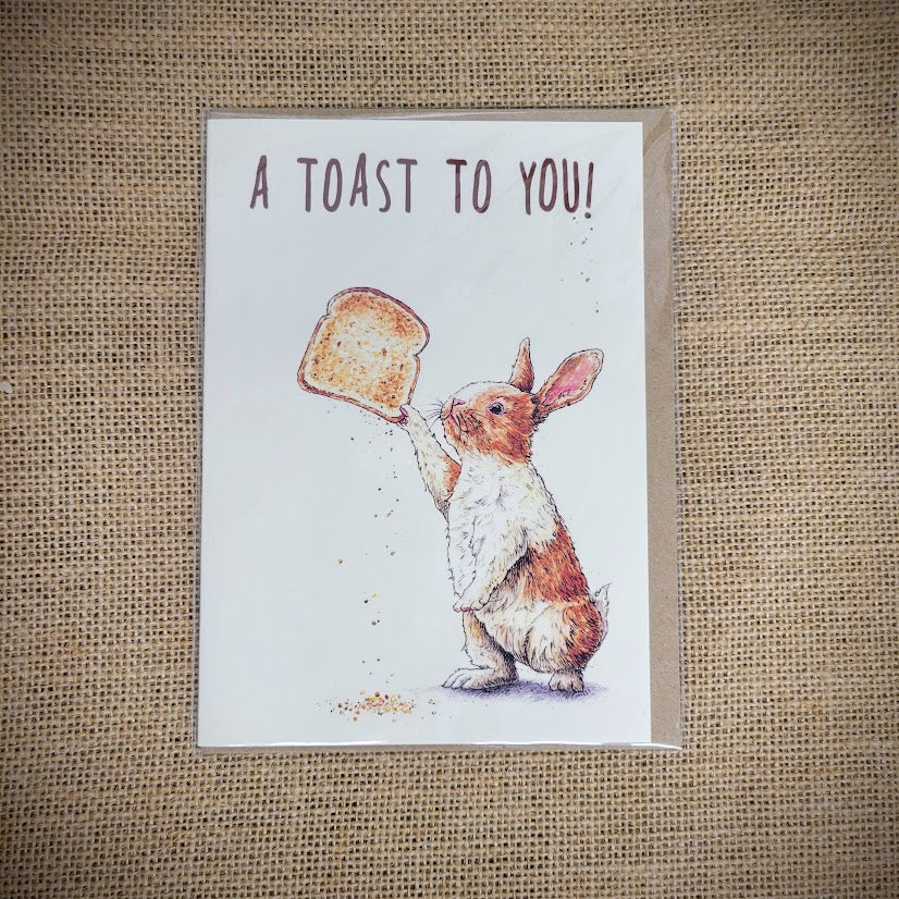 Personal notecard with a 'Toast to you!' bunny design on the front.