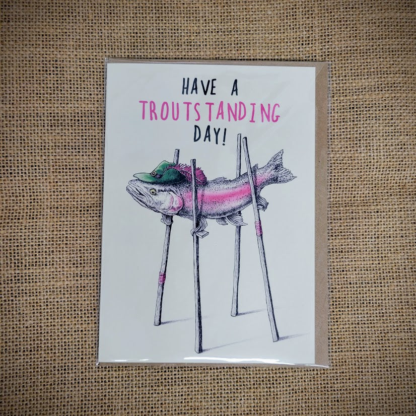Personal notecard with a 'Have a Troutstanding Day' fish design on the front.