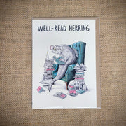 Personal notecard with a 'Well-Read Herring' design on the front of it.