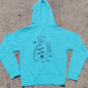 Aqua Blue, pull-over hoodie featuring the 'Beaches of Cape May' design on the center back in navy ink.
