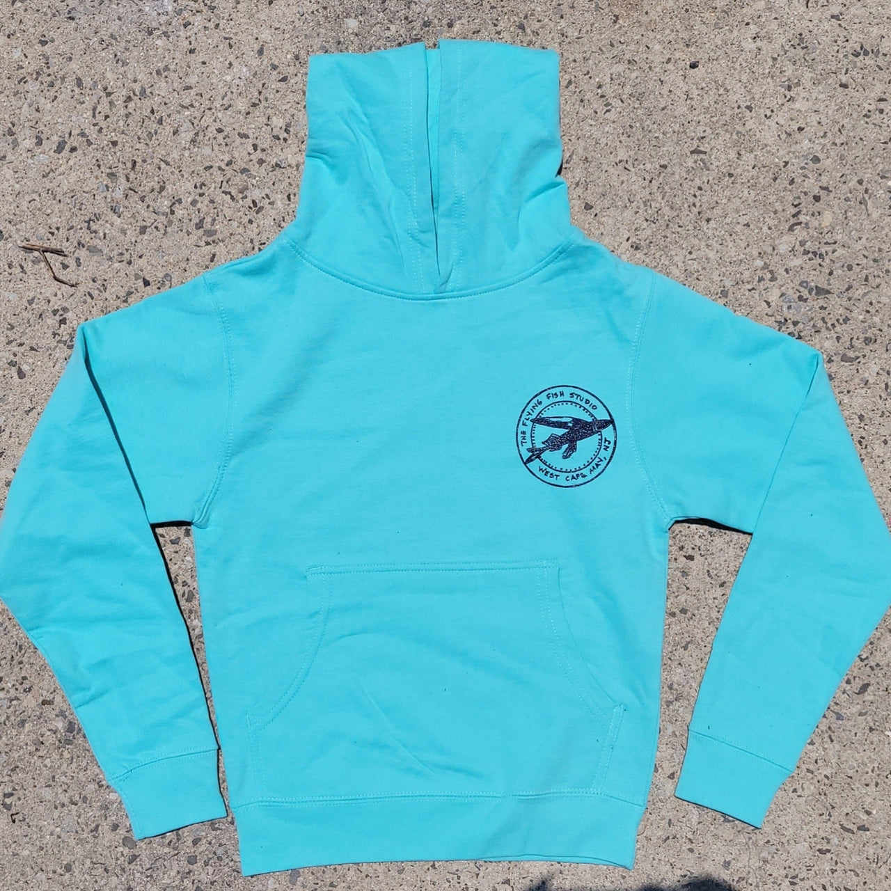 Aqua Blue, pull-over hoodie featuring the 'Flying Fish' logo on the left chest in navy ink.