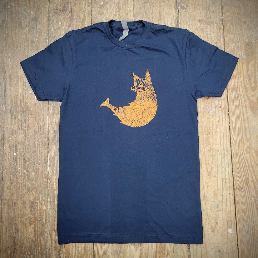 A navy t-shirt with the 'Cat-Fish' design on the front in orange ink.