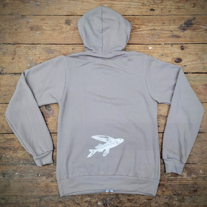 Stone Grey zip-up jacket with the 'Flying Fish' design on the bottom back in white ink.