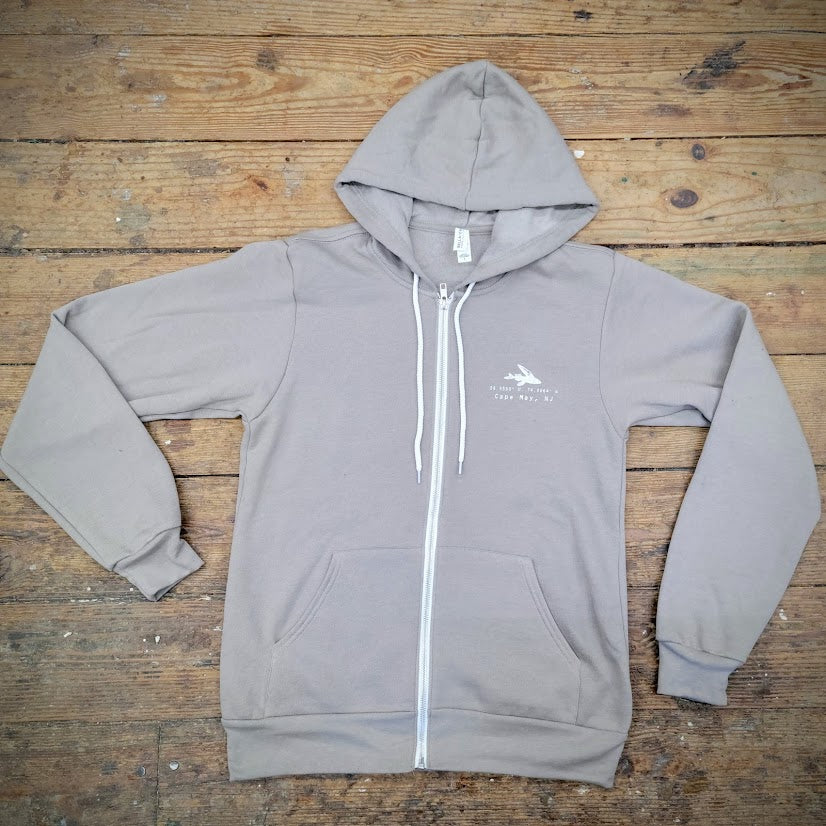 Stone Grey zip-up jacket with the 'Flying Fish Coordinates' on the left chest in white ink.