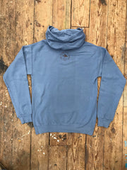 Dark Blue pull-over hoodie featuring the 'Flying Fish' logo on the back neck in brown ink.