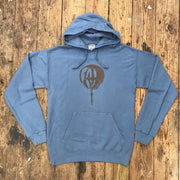 Dark Blue hoodie featuring a 'Horseshoe Crab' design on the front in  brown ink.