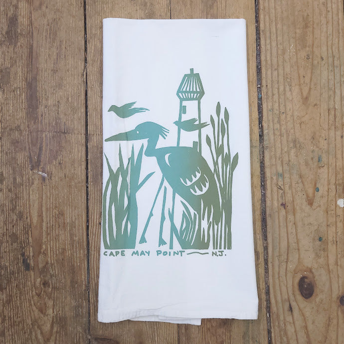 White, flour sack tea towel featuring the 'Heron, Cape May Point, NJ' design in a green gradient ink.