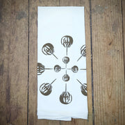 White, flour sack tea towel featuring the 'Horseshoe Crab' mandala in dark brown ink.