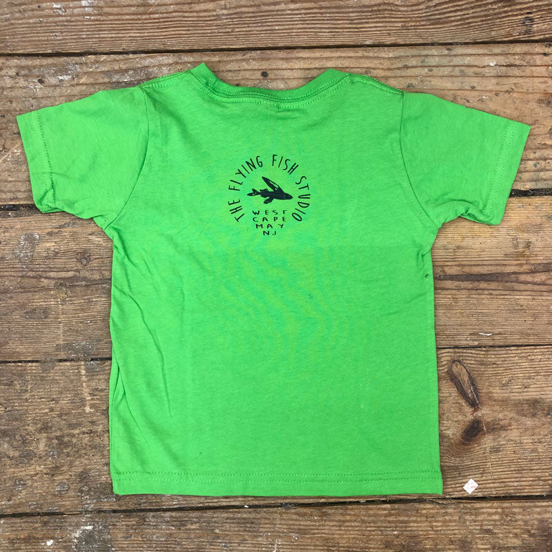 A green t-shirt featuring the 'Flying Fish Studio' logo on the upper back.