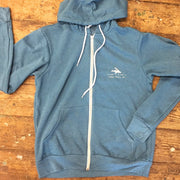 Heather Teal zip-up jacket featuring the 'Flying Fish Coordinates' design on the left chest in white ink.