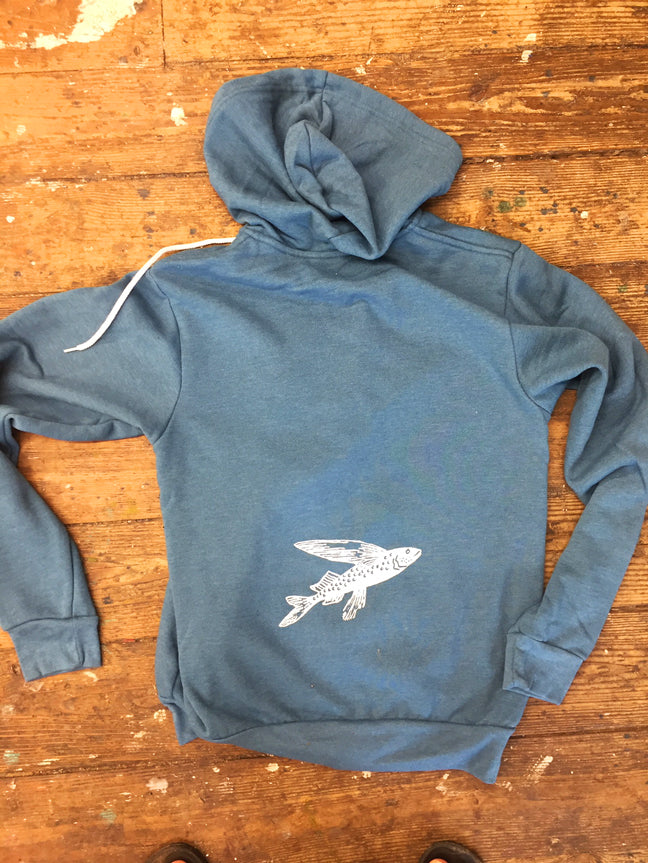 Heather Teal zip-up jacket with a 'Flying Fish' design on the bottom back in white ink.