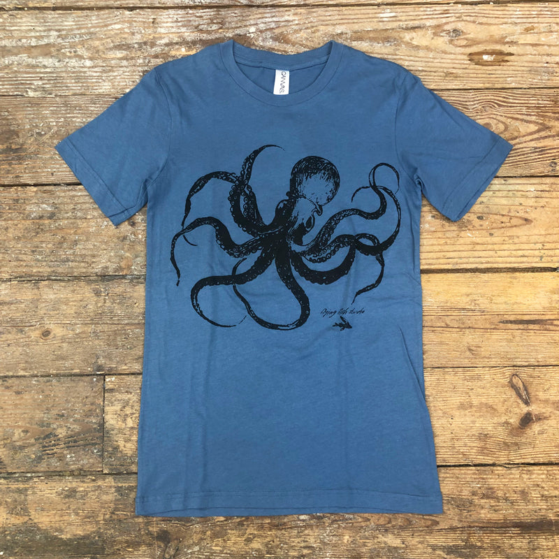 A dark blue t-shirt featuring the 'Octopus' design in black ink.