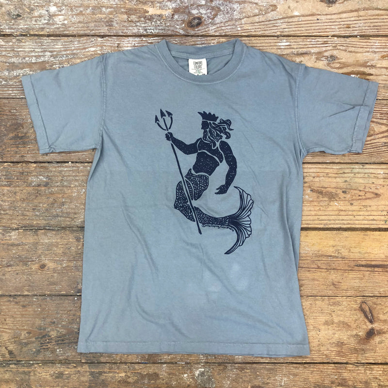 A grey t-shirt with a 'King Neptune' design on the front with navy ink.
