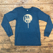 Teal blue long-sleeve featuring a 'Horseshoe crab' design on the front in cream ink.