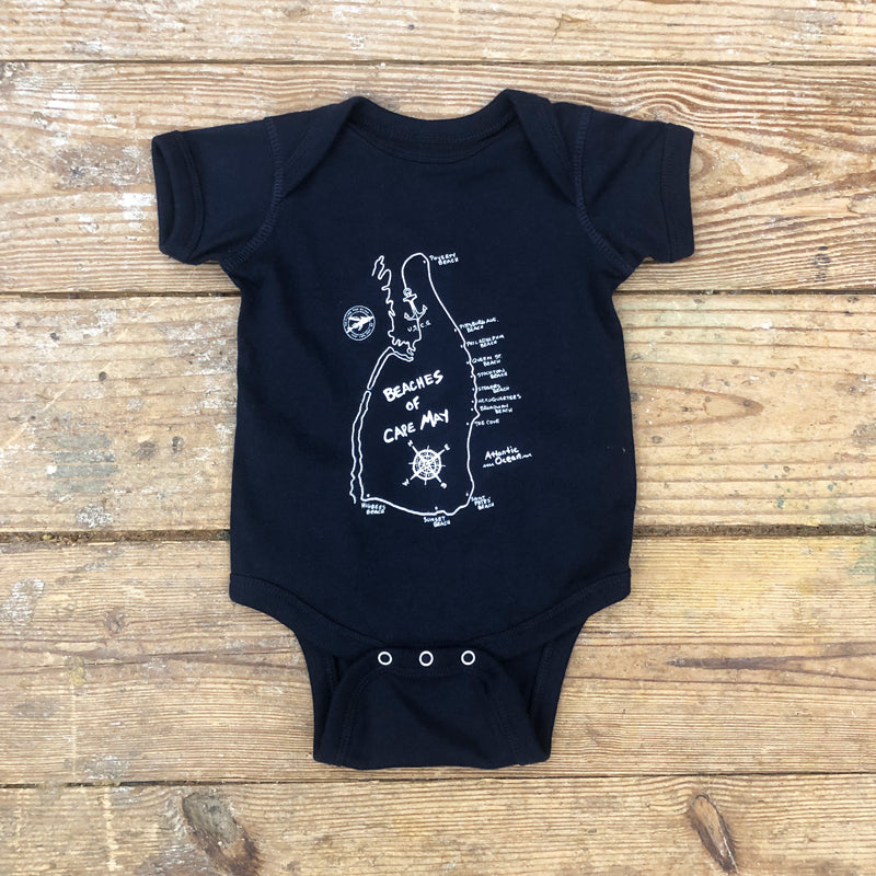 Dark navy onesie featuring a 'Beaches of Cape May' design on the front in white ink.