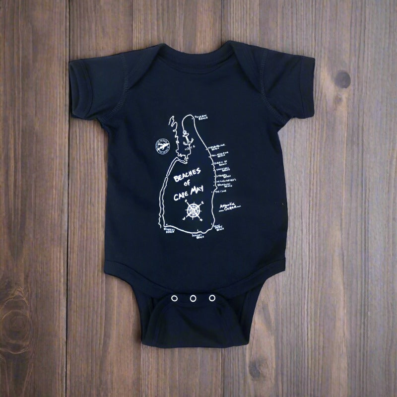 Dark navy onesie featuring a 'Beaches of Cape May' design on the front in white ink.