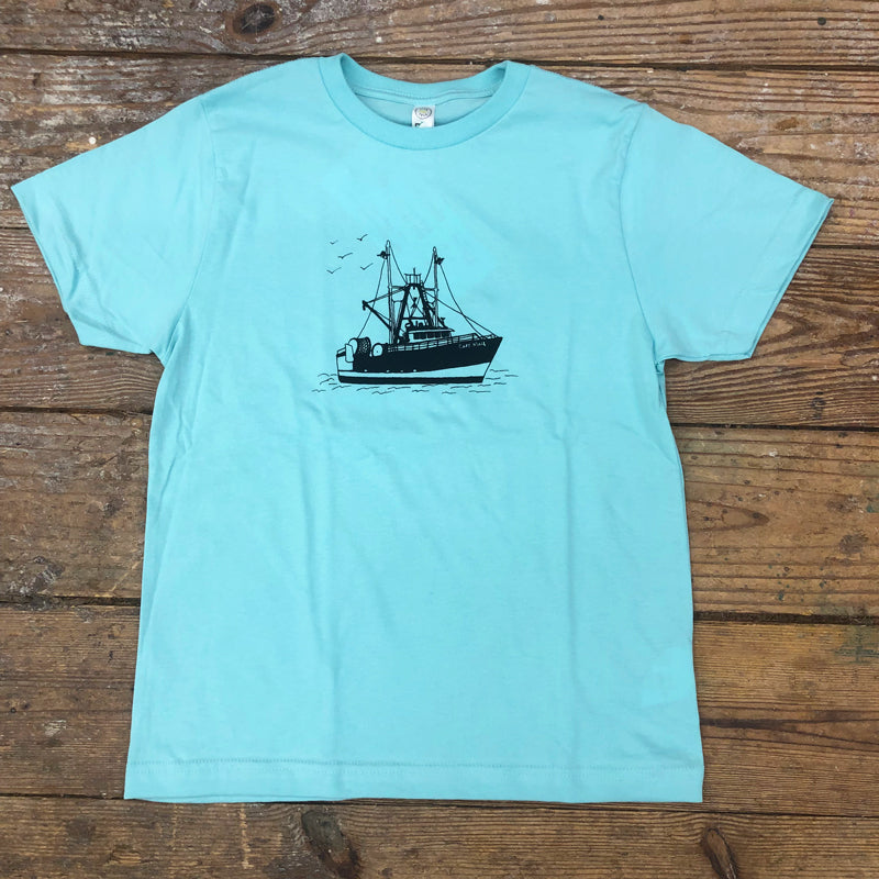 An aqua blue t-shirt featuring a black scallop boat on the front.