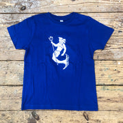 A royal blue t-shirt with a white King Neptune design on the front.