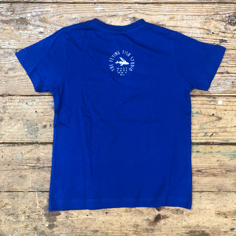 A royal blue t-shirt with the 'Flying Fish Studio' logo on the back neck.