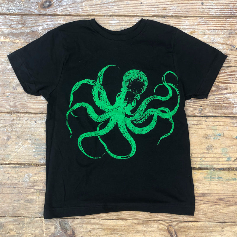 A solid black t-shirt featuring a dark green octopus on the front chest.