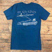 A blue t-shirt with the 'Cove' design on the back in white ink.