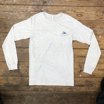 Heather, Ash Grey long-sleeve with the 'Flying Fish Coordinates' design on the left chest vin dark blue ink.