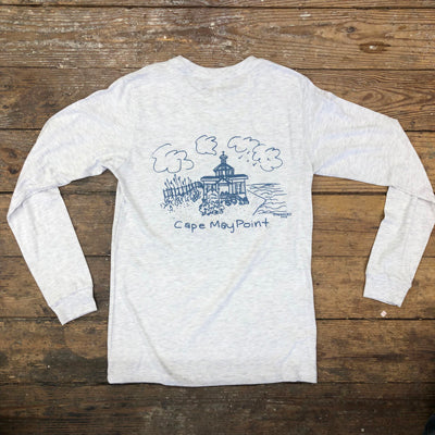 Heather, Ash Grey long-sleeve with a 'Cape May Point' design on the back in dark blue ink.