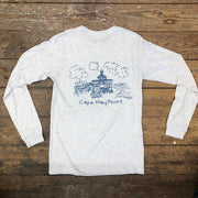 Heather, Ash Grey long-sleeve with a 'Cape May Point' design on the back in dark blue ink.