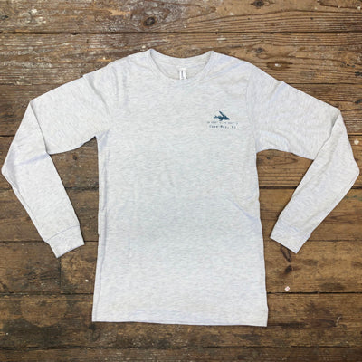 Heather, light grey long-sleeve with the 'Flying Fish Coordinates' design on the left chest in teal ink. 