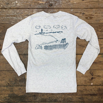 Heather light grey long-sleeve with a 'The Cove' beach design on the back in teal ink.