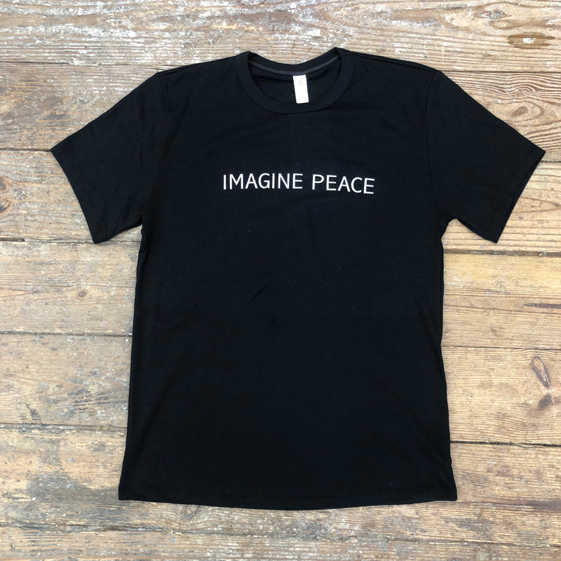 A solid black t-shirt with the words 'Imagine Peace' on the front in white ink.