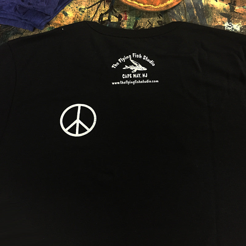 A solid black t-shirt with the 'Flying Fish Studio' logo on the back neck in white ink with a peace sign on the left shoulder.