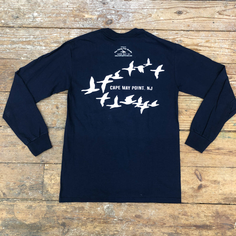 Dark navy long-sleeve with a 'Cape May Point, NJ' birds design on the back in white ink.
