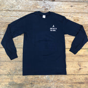 Dark navy long-sleeve with a 'Just Get to the Point' caption design on the left chest in white ink.